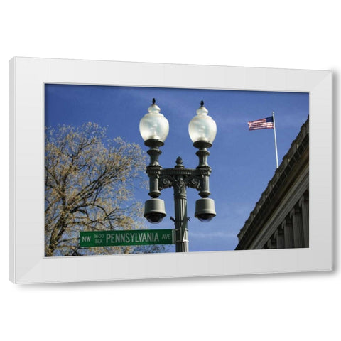 Washington DC, Historic street sign and lamp White Modern Wood Framed Art Print by Flaherty, Dennis