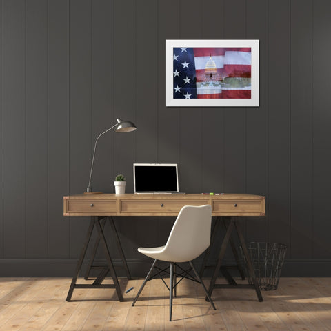 Washington DC, US flag over US Capitol buildings White Modern Wood Framed Art Print by Flaherty, Dennis