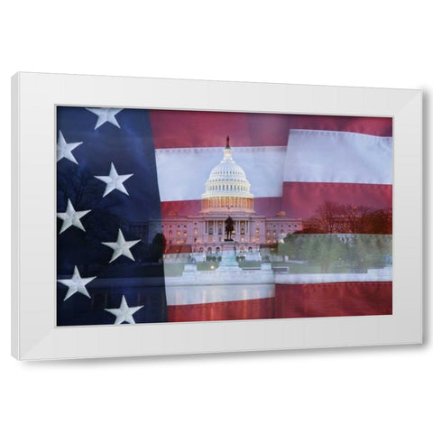 Washington DC, US flag over US Capitol buildings White Modern Wood Framed Art Print by Flaherty, Dennis