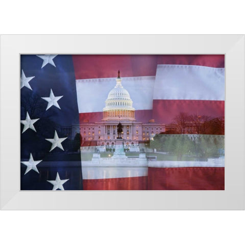 Washington DC, US flag over US Capitol buildings White Modern Wood Framed Art Print by Flaherty, Dennis