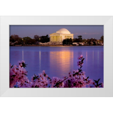The Jefferson Memorial and Tidal Basin in April with cherry blossoms-Washington DC White Modern Wood Framed Art Print by Perry, William