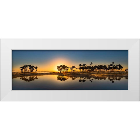 Sable palms silhouetted at sunrise on the Econlockhatchee River White Modern Wood Framed Art Print by Jones, Adam