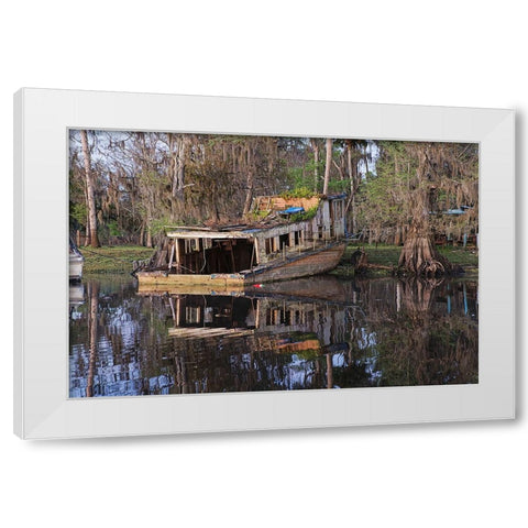 Early spring view of old abandoned boat-blackwater area of St Johns River-central Florida White Modern Wood Framed Art Print by Jones, Adam