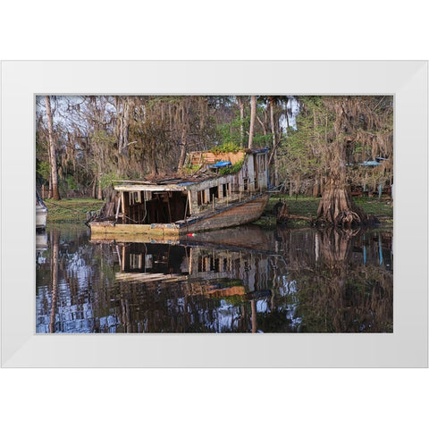 Early spring view of old abandoned boat-blackwater area of St Johns River-central Florida White Modern Wood Framed Art Print by Jones, Adam