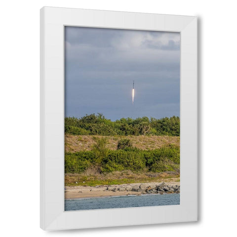 USA-Florida-Port Canaveral-A Space X rocket being launched from Cape Canaveral White Modern Wood Framed Art Print by Looney, Hollice