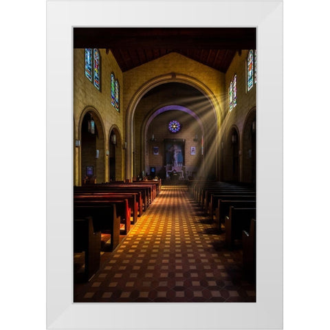 Golden light of sunrays coming into the stained glass windows of St Leos Abbey in Florida White Modern Wood Framed Art Print by Haddad, Sheila