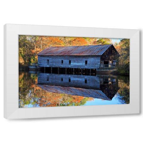 Georgia-Covered bridge and grist mill in the fall White Modern Wood Framed Art Print by Wells, Joanne