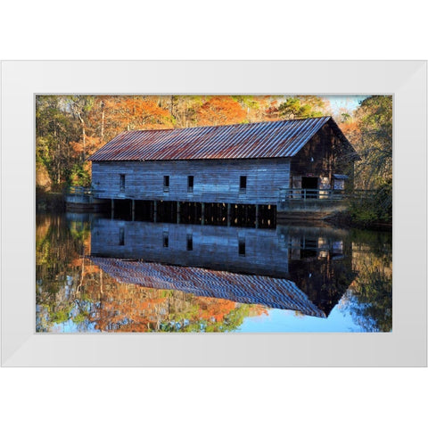 Georgia-Covered bridge and grist mill in the fall White Modern Wood Framed Art Print by Wells, Joanne