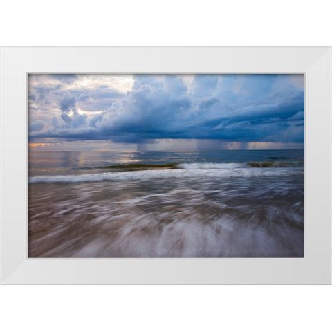 USA- Georgia- Tybee Island. Sunrise with clouds and reflections along the coast. White Modern Wood Framed Art Print by Wells, Joanne