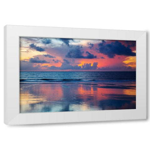 USA- Georgia- Tybee Island. Sunrise with reflections and clouds. White Modern Wood Framed Art Print by Wells, Joanne