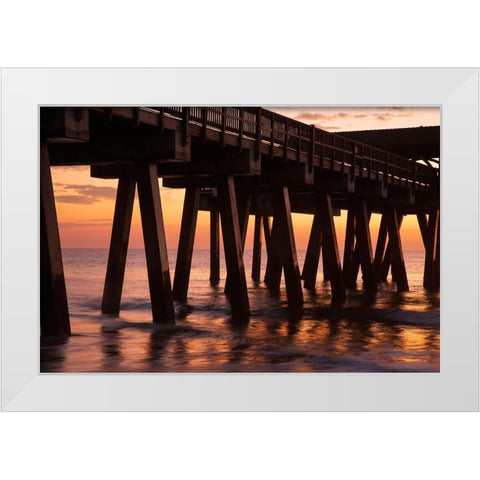 USA- Georgia. Silhouette of a pier in the sunrise- near Savannah. White Modern Wood Framed Art Print by Wells, Joanne