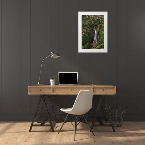 Lush Inland waterfalls during helicopter tour in Kauai-Hawaii-USA White Modern Wood Framed Art Print by Haney, Chuck