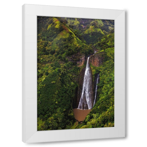 Lush Inland waterfalls during helicopter tour in Kauai-Hawaii-USA White Modern Wood Framed Art Print by Haney, Chuck