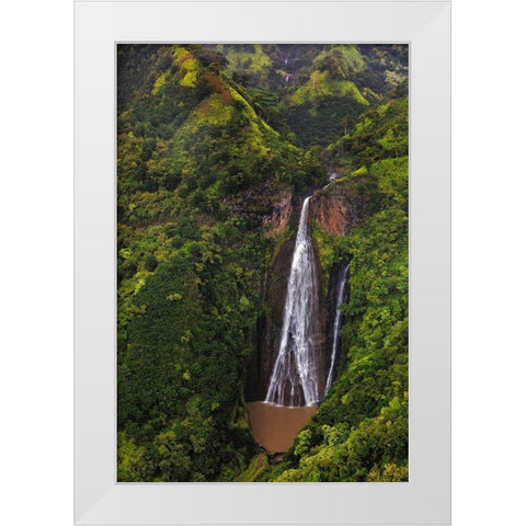 Lush Inland waterfalls during helicopter tour in Kauai-Hawaii-USA White Modern Wood Framed Art Print by Haney, Chuck