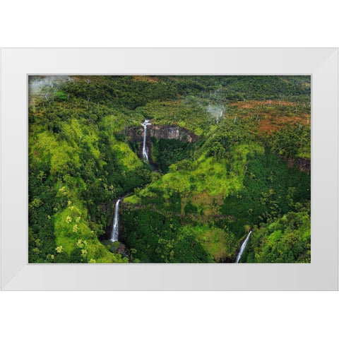 Lush Inland waterfalls during helicopter tour in Kauai-Hawaii-USA White Modern Wood Framed Art Print by Haney, Chuck
