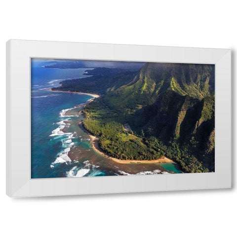 Aerial view of Kee Beach and the Napali Coastline in Kauai-Hawaii-USA White Modern Wood Framed Art Print by Haney, Chuck
