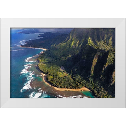 Aerial view of Kee Beach and the Napali Coastline in Kauai-Hawaii-USA White Modern Wood Framed Art Print by Haney, Chuck