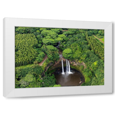 Aerial view of Wailua Falls in Kauai-Hawaii-USA White Modern Wood Framed Art Print by Haney, Chuck