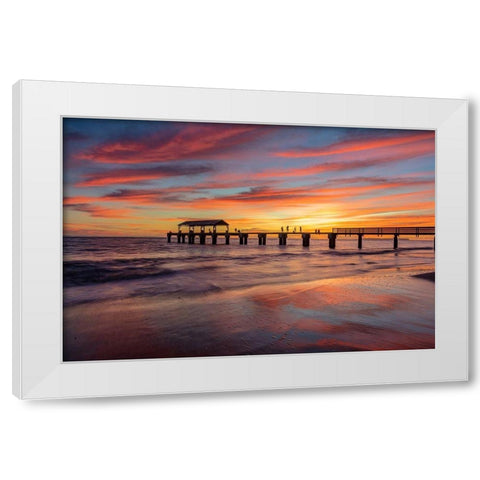 Vivid sunrise clouds silhouette Waimea Pier with Niihau Island in distance in Kauai-Hawaii-USA White Modern Wood Framed Art Print by Haney, Chuck