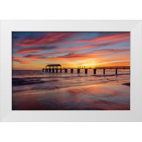 Vivid sunrise clouds silhouette Waimea Pier with Niihau Island in distance in Kauai-Hawaii-USA White Modern Wood Framed Art Print by Haney, Chuck