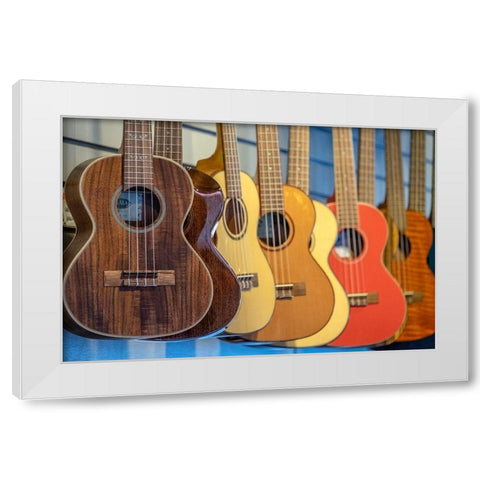 Ukulele in music store-Kauai-Hawaii-USA White Modern Wood Framed Art Print by Engelbrecht, Jim