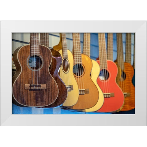 Ukulele in music store-Kauai-Hawaii-USA White Modern Wood Framed Art Print by Engelbrecht, Jim