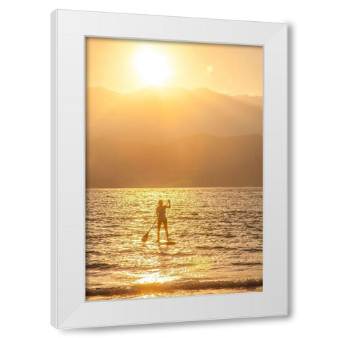 Hawaii-Kauai-Hanalei bay with paddle boarder at sunset White Modern Wood Framed Art Print by Gulin, Sylvia