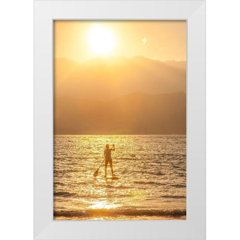 Hawaii-Kauai-Hanalei bay with paddle boarder at sunset White Modern Wood Framed Art Print by Gulin, Sylvia