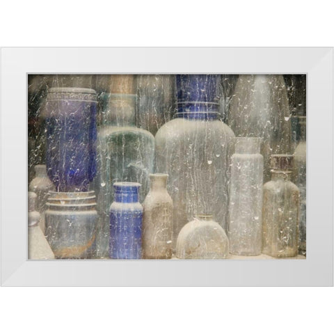 Idaho, Idaho City Dusty bottles in window White Modern Wood Framed Art Print by Paulson, Don
