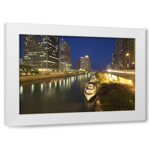 Illinois, Chicago Night along the Chicago River White Modern Wood Framed Art Print by Flaherty, Dennis