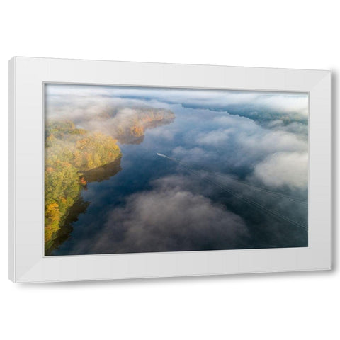 Boat on lake in fog in fall at Stephen A Forbes State Park-Marion County-Illinois White Modern Wood Framed Art Print by Day, Richard and Susan