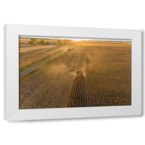 Aerial view of combine harvesting corn field at sunset-Marion County-Illinois White Modern Wood Framed Art Print by Day, Richard and Susan