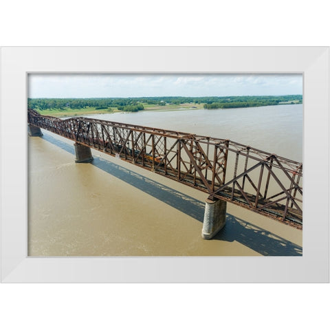Freight train on Union Pacific railroad crossing the Mississippi river on the Thebes bridge Thebes- White Modern Wood Framed Art Print by Day, Richard and Susan