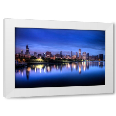 Chicago skyline reflects in lake Michigan during a blue sunrise White Modern Wood Framed Art Print by SMO