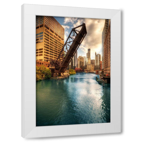 A drawbridge spans the Chicago river in Illinois White Modern Wood Framed Art Print by SMO