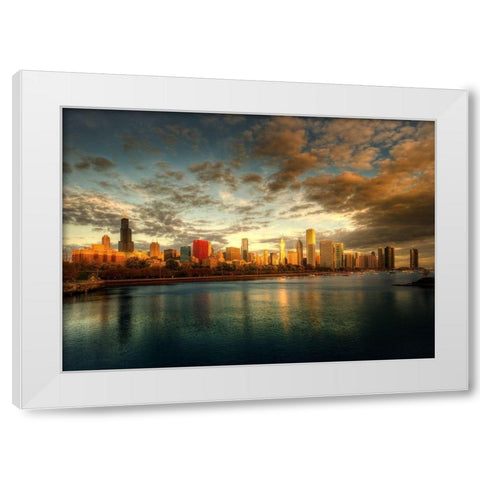 Chicago skyline over lake Michigan as sunrise enters a new day White Modern Wood Framed Art Print by SMO