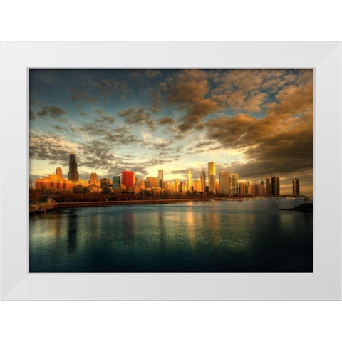 Chicago skyline over lake Michigan as sunrise enters a new day White Modern Wood Framed Art Print by SMO