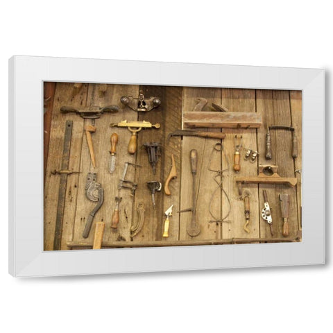 Indiana, Indianapolis Tools mounted on a wall White Modern Wood Framed Art Print by Kaveney, Wendy