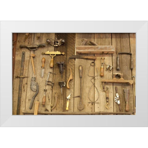 Indiana, Indianapolis Tools mounted on a wall White Modern Wood Framed Art Print by Kaveney, Wendy