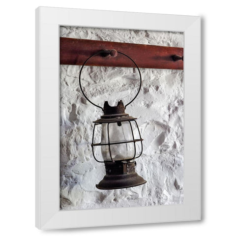 Antique lantern hanging on white wall-Shaker Village of Pleasant Hill-Harrodsburg-Kentucky White Modern Wood Framed Art Print by Jones, Adam
