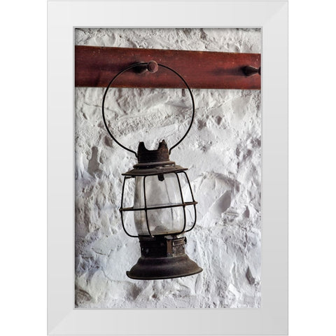 Antique lantern hanging on white wall-Shaker Village of Pleasant Hill-Harrodsburg-Kentucky White Modern Wood Framed Art Print by Jones, Adam