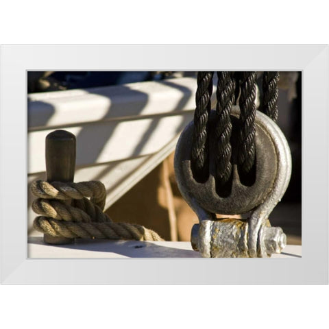 Maine, Castine Boat rope and pulley White Modern Wood Framed Art Print by Kaveney, Wendy