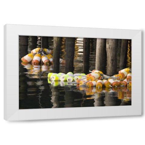 Maine Buoys floating next to a fishing pier White Modern Wood Framed Art Print by Clemons, Kathleen