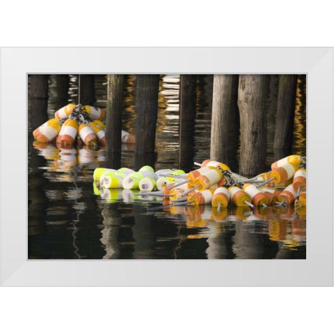 Maine Buoys floating next to a fishing pier White Modern Wood Framed Art Print by Clemons, Kathleen