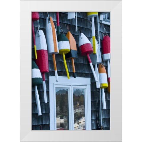 ME, Bernard Buoys hang on wall by harbor White Modern Wood Framed Art Print by Rotenberg, Nancy