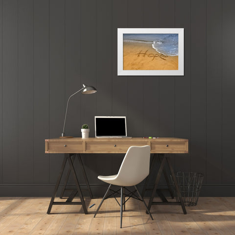 ME, Phippsburg The word hope on Popham Beach White Modern Wood Framed Art Print by Clemons, Kathleen
