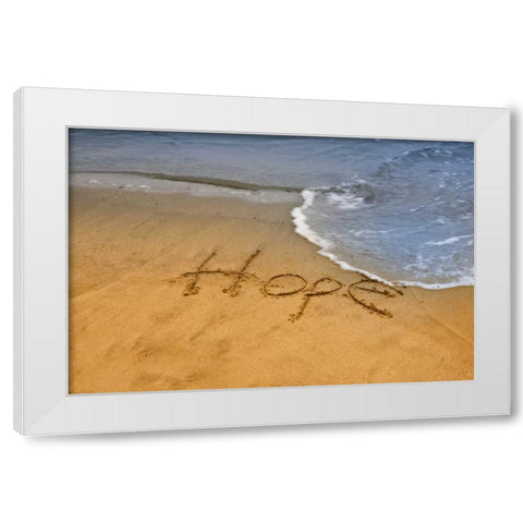 ME, Phippsburg The word hope on Popham Beach White Modern Wood Framed Art Print by Clemons, Kathleen