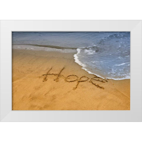 ME, Phippsburg The word hope on Popham Beach White Modern Wood Framed Art Print by Clemons, Kathleen