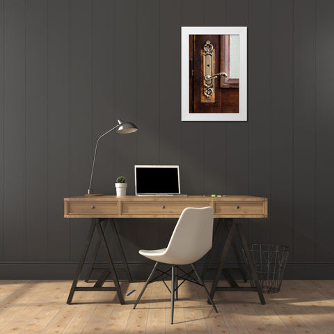 USA, Maine Ornate handle on wooden door White Modern Wood Framed Art Print by Clemons, Kathleen