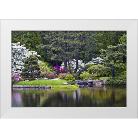 Maine, Northeast Harbor View over a garden pond White Modern Wood Framed Art Print by Rotenberg, Nancy